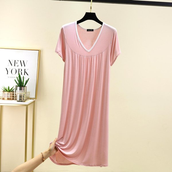 Tallas Grandes M A 6XL Modal Cuello En V Vestido De Dormir Verano Mujer Holgado Ropa De Casa Vestido Color SóLido Casual Largo Pijama Comodidad Ropa De Casa M Rosa Claro-image