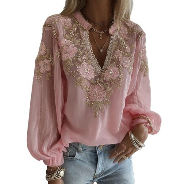Camisa Para Mujer Oversize Cuello En V Manga Larga Casual Primavera OtoñO Camisa Estampada Con Flores 3D Corte Relajado Camisa Para Uso Diario M Gray-image