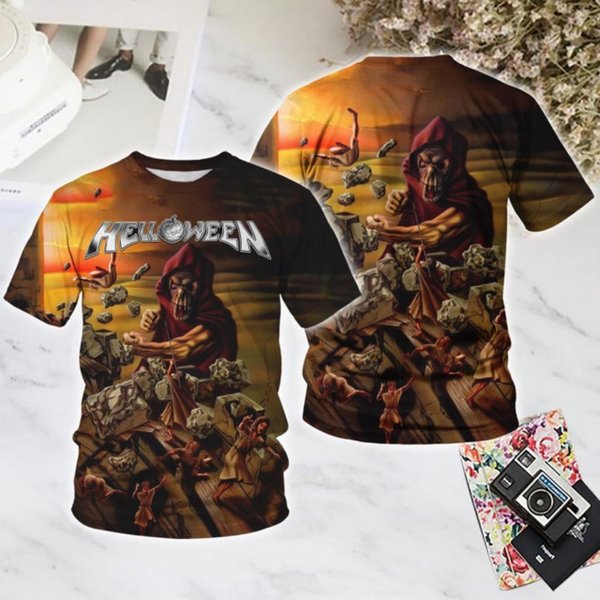 Camisetas De Rock CláSico Helloween Masculinas Estampado 3D Hombres Mujeres Tendencia Hip Hop Manga Corta Camiseta Calle Suelta Casual Oversize Y2K Tops M-image