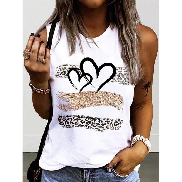2024 Nowy Damski Tank Top Z OkrąGłYm Dekoltem Z Nadrukiem Leoparda I Napisem Love Damski Tank Top Moda Uliczna Damski Casualowy Tank Top S-image