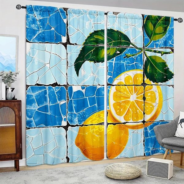 2 Szt. Letnia ZasłOna Z Nadrukiem Cytrynowym Do Dekoracji Domu - ZasłOna Okienna Z Tunelem Na Karnisz Do Sypialni, Biura, Kuchni, Salonu I Gabinetu 52.5Cmx116Cmx2Pcs Blue-image