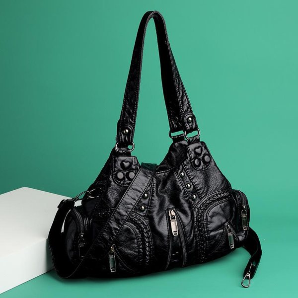 Bolso De Hombro Para Mujer Negro Vintage Punk Goth DiseñAdor De Moda Bolso Tote De Cuero Pu Gran Capacidad Remache Bolso De Mano De Motocicleta-image