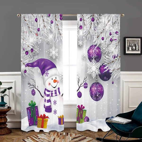 2 Piezas, Cortinas De Bolas De MuñEco De Nieve Morado NavideñO - 30% Opacas - Adecuadas Para Sala De Estar, Dormitorio, Cocina, DecoracióN Del Hogar W150CM H166Cm&Rod Pocket-image