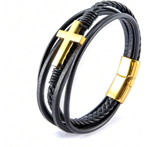 Pulsera De Acero Inoxidable Cruz Moda Pulsera De Cuero Tejido Multicapa Hombre Black 23Cm Gray-image