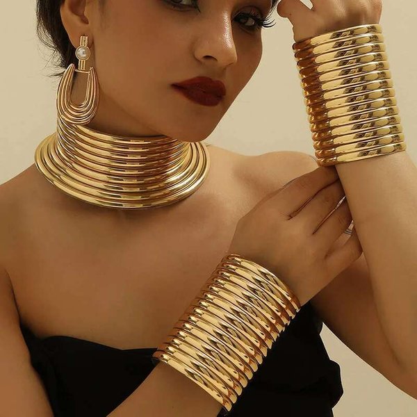 Set De JoyeríA Africana Statement De 5 Piezas 2025 Tendencia Gargantilla De Cuero Dorada Collar Pulsera Pendientes Para Mujeres Accesorios De Fiesta Brown-image