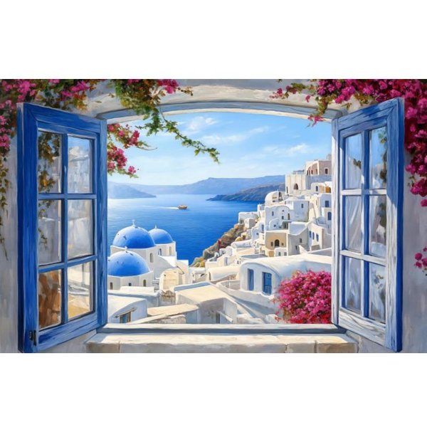 OtwóRz Okno Wyspa Santorini Statek Morze Egejskie Sztuka ŚCienna Plakat Druk Grecja Obraz Na PłóTnie Do Salonu Dekoracja Domu 50Cm×70Cm Noframe-image