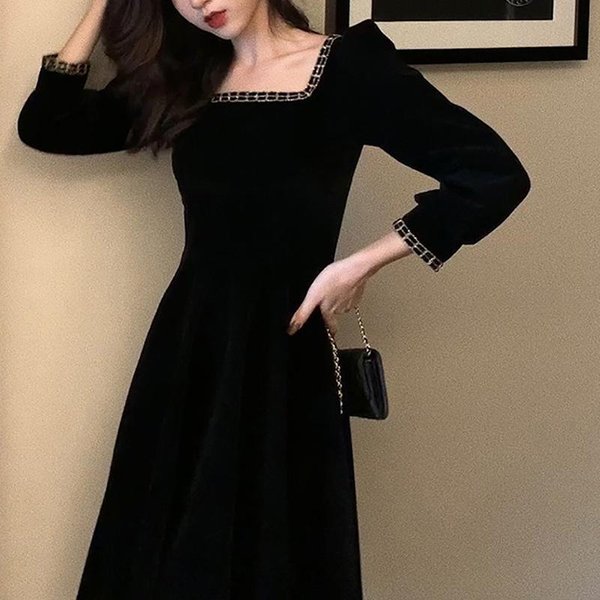Vestido De Terciopelo Con Cuello Cuadrado Y Borde Dorado Nuevo Estilo Retro Hepburn De Primavera Y OtoñO Con Falda Midi Negra De Temperamento M Negro-image