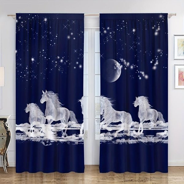 Cortinas Animales Caballo Negro 3D 2 Piezas Tratamiento De Ventana Para Sala De Estar Dormitorio Oficina Cocina DecoracióN Del Hogar DecoracióN De HabitacióN EstéTico W50 X H130(Cm)X2&Grommet Top-image