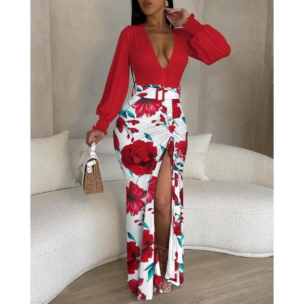 Ropa De Calle Estilo Hipster Europeo Y Americano Para Mujer, Jersey, Cuello En V, Vestido Con Falda Irregular XXL Rojo-image