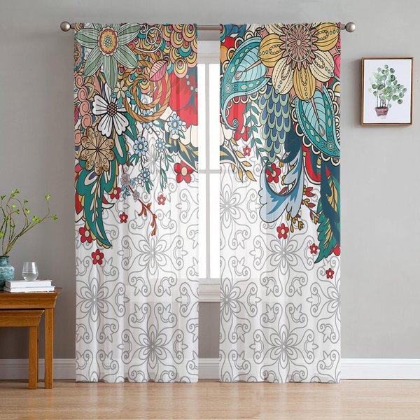 Estilo Abstracto Bohemio Plantas Florales Cortina De Ventana Transparente Cortinas De Tul Para Sala De Estar Dormitorio Hotel DecoracióN Del Hogar Cortinas De Voile 135W X 114H(Cm) Black-image