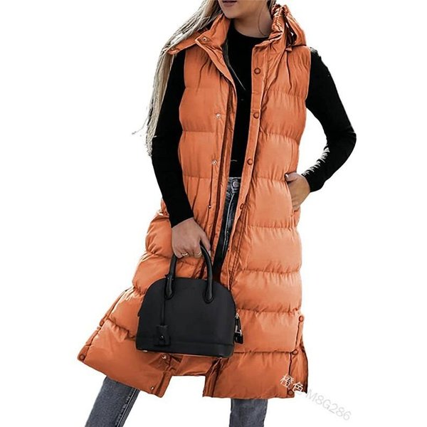 Kurtka Z Kapturem I Zamkiem BłYskawicznym Damska Kamizelka Oversize Zimowa Odzież Wierzchnia Parka Z Kapturem Modna Pikowana Kamizelka Swobodna M PomarańCzowy-image