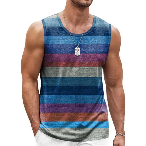Letni T-Shirt Z OkrąGłYm Dekoltem, Kolorowym Nadrukiem Graficznym 3D W Stylu Retro W Paski, Modna, Codzienna Kamizelka Bez RęKawóW MęSka S-image