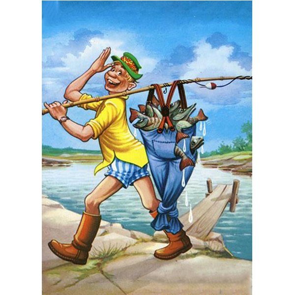 Diamentowe Malowanie W PełNi OkrąGłE WiertłO „Cartoon Fishing” Diamentowy Haft Ze Strasem śCiegiem KrzyżYkowym 30X40CM-image