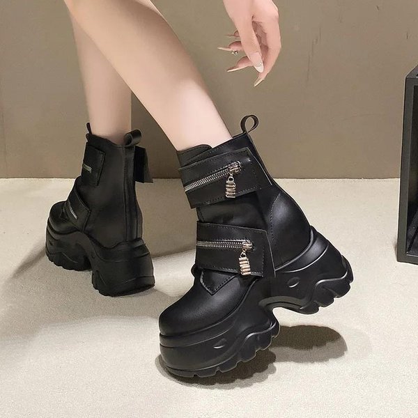 Botines De Cuero Para Mujer OtoñO Invierno Tacones De 9CM Zapatillas Gruesas Plataforma Alta Cremallera Botas Cortas De Motocicleta Mujer Botas 39 Negro-image