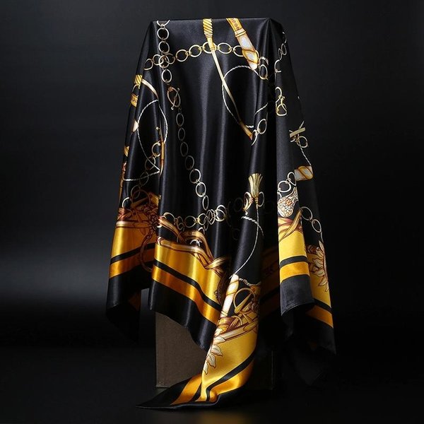 Kwadratowy Jedwabny Szalik 90*90Cm Damski Szal Z Nadrukiem Satynowy HidżAb Damski Luksusowy Kwadratowy Szalik Damski Chusta Bandanna Pareo Dziewczynka One Size Black-image