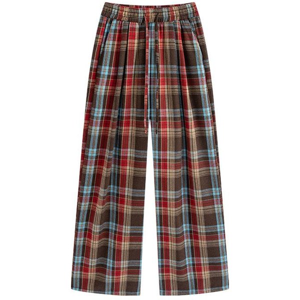 Czerwone Spodnie W Retro Kratę Damskie Nowe Wiosenne I Letnie WyszczuplająCe Casualowe Proste Spodnie Lenistwo LuźNe Spodnie Z Szerokimi Nogawkami L Black-image