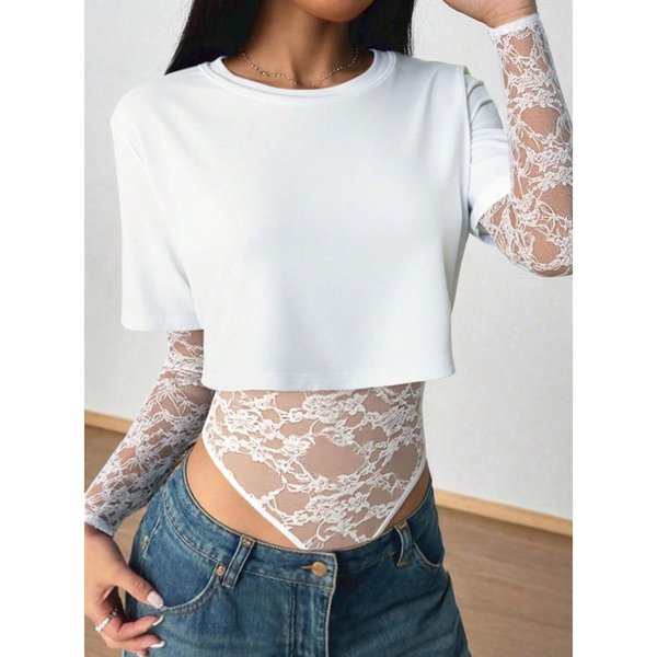 Damski Bodysuit Z OkrąGłYm Dekoltem I KróTkim RęKawem, Patchwork Z Koronki Kwiatowej, Dopasowany KróJ, Y2K, Seksowny KróTki Top L BiałY-image