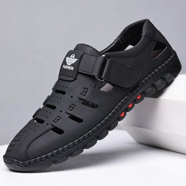 Sandalias De Cuero Para Hombre, Zapatos Casuales Transpirables De Verano Para Hombre, Zuecos Sin Cordones Para Caminar Al Aire Libre, Sandalias Antideslizantes Hechas A Mano 39 Negro-image