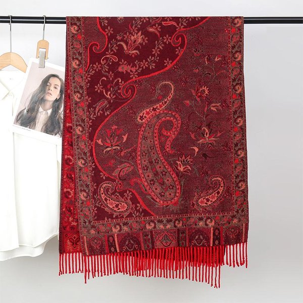 Luksusowy Zimowy Szal Pashmina Damski Czerwony Haftowany WzóR Paisley Szale Kaszmirowe Grube Szale Eleganckie Poncho Damskie Na ZewnąTrz Bufanda 65X200Cm Brown-image