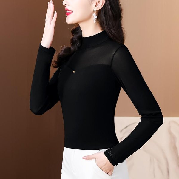 Camiseta De Malla De Manga Larga Para Mamá Ropa De OtoñO Nueva Moda Reductora De Edad Camiseta Base Tops Para Mediana Edad Y Ancianos 4XL-image