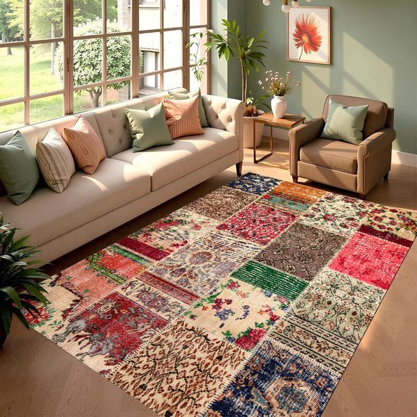 Dywanik Obszarowy W Stylu Patchworkowym Motyw Turecki Dywan AntypośLizgowy Nadruk Vintage Dywan Do Salonu Dywan Kuchenny Z FręDzlami Mata PodłOgowa W Stylu Farmhouse 50X80CM-image