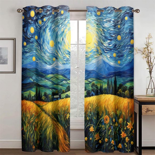 Sielankowy Obraz Olejny Van Gogha Kraina SnóW ZasłOny NowośCi 2 Szt. Pasują Do Salonu Sypialni Kuchni Balkonu Dekoracja Okna 50W130H(Cm)X2Pcs&Grommet Top-image