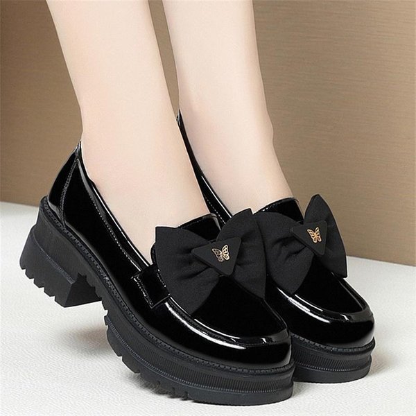 Zapatos De MocasíN Negros De Charol Poco Profundos Estilo BritáNico Para Mujer Zapatos De Plataforma Con Lazo De Suela Gruesa Tacones Medios Zapatos De SalóN Individuales 36-image