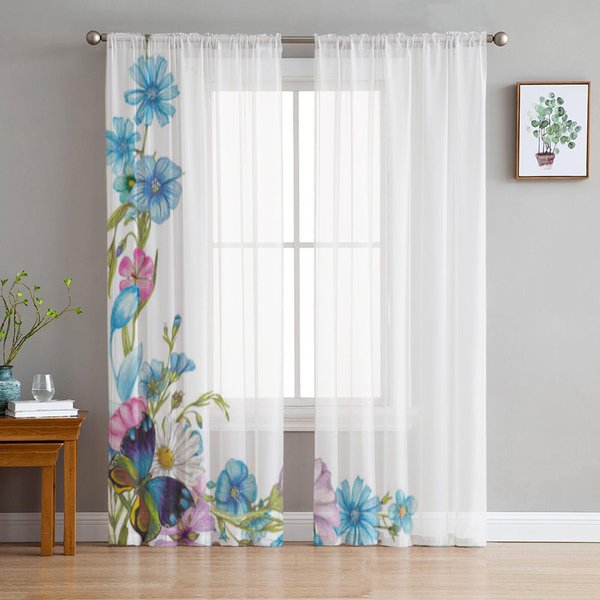 Cortinas TraslúCidas De Flores Silvestres Y Mariposas Para Sala De Estar Cortina De Ventana De Tul Transparente Dormitorio Cocina DecoracióN Del Hogar Visillo 135W X 114H(Cm) White-image