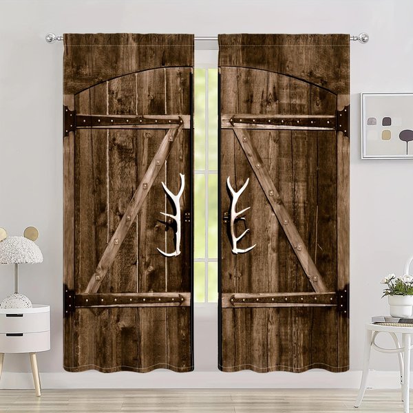 2 Panele Zamek Drewniane Drzwi Drukowane PółPrzezroczyste ZasłOny Do Salonu Sypialni Ochrona Przed SłOńCem Prywatność Dekoracja Domu Kieszeń Na Karnisz 2X50W130H(Cm)&Grommet Top-image