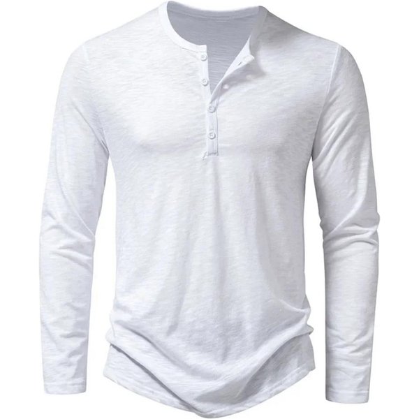 Camiseta Con Botones De AlgodóN Para Hombre Camisa Con Cuello Henley Camisetas Casuales De Manga Larga De Color SóLido XL Blanco-image