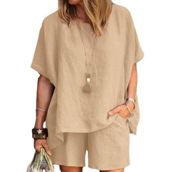 Conjunto De 2 Piezas De AlgodóN Y Lino Para Mujer, Top De Manga Corta Con Cuello Redondo Y Pantalones Cortos Con Bolsillos, Ropa De Verano Casual Para Estar En Casa, CháNdal XL-image