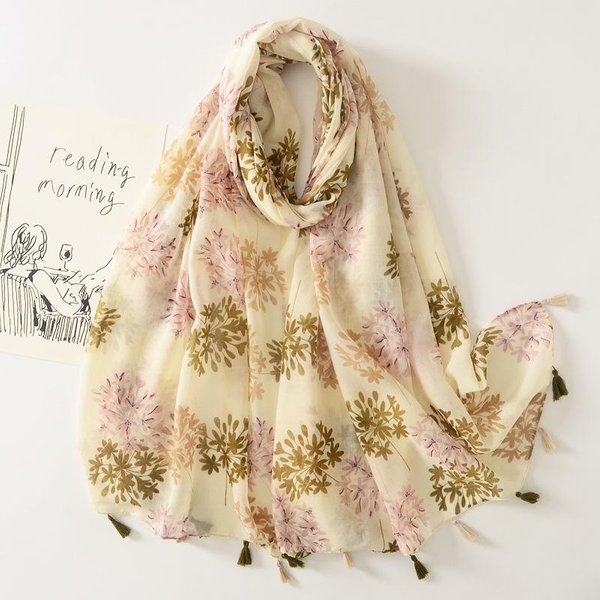 Luksusowy Modny Cienki PłAtkowy Kwiatowy FręDzle Wiskozowy Szal Szalik Damski Wysokiej JakośCi Pashima HidżAb I Okrycia Foulard MuzułMańSki Szal Beige-image