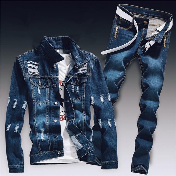 Conjunto De Dos Piezas De Tela Vaquera Para Hombre, Chaqueta Ajustada Con Agujeros Rasgados, Conjuntos De Pantalones Vaqueros, Ropa Informal Vintage Para Hombre, Traje Cargo, Ropa De Calle S Gray-image