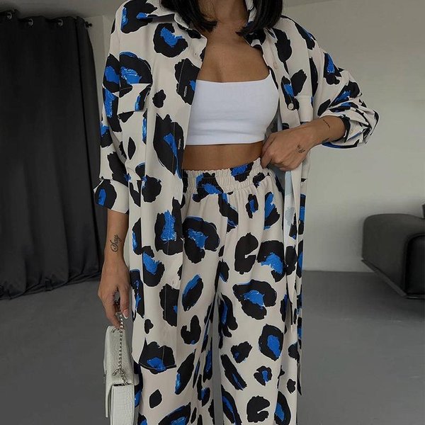 Conjunto Casual De Dos Piezas Para Mujer OtoñO 2023: Camisa Estampada De Manga Larga Y Pantalones De Pierna Ancha L Gray-image