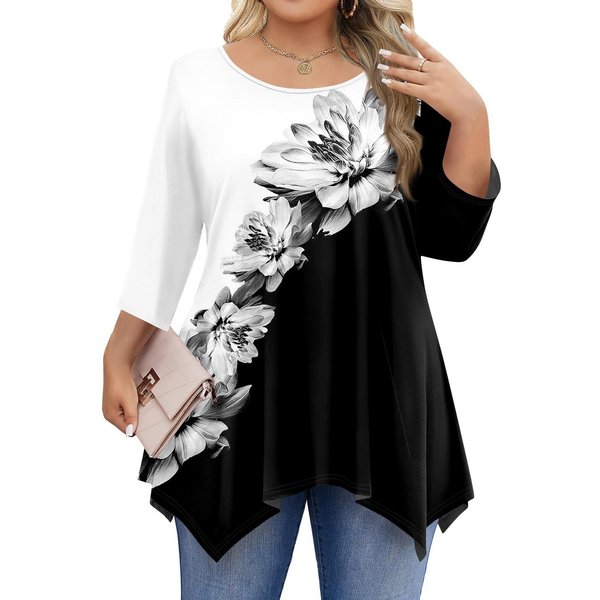 Damskie Koszulki Z RęKawem 3/4 W DużYch Rozmiarach Bluzki Tuniki Z OkrąGłYm Dekoltem Podstawowe LuźNe Topy Tee L-5XL Xxxxl-image