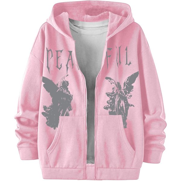 MęSka Zimowa Bluza Z Kapturem Na Zamek Z Nadrukiem AniołA W Stylu Y2K, Kieszeń Z Przodu, DłUgi RęKaw, Casualowy Streetwear, Bluza Z Kapturem M RóżOwy-image
