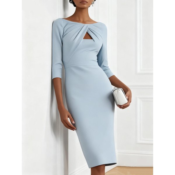 Vestido Midi De Mujer Cuello Barco Manga 3/4 Ajustado Liso Con Corte Fruncido Bodycon Vestido De Fiesta 2XL-image
