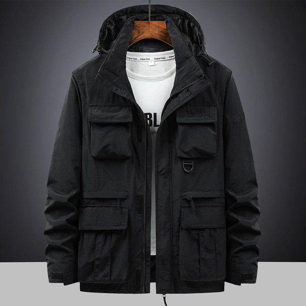 Nueva Chaqueta Con Capucha Y MúLtiples Bolsillos Para Hombre, Chaqueta Informal Juvenil De Primavera Y OtoñO, Mediana Y Larga XXL Gray-image