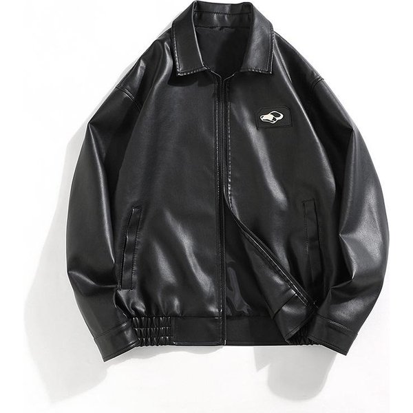 PU Leather Jacket Lapel Jacket Men's Autumn New Loose Couple Jacket Men's Street Casual Handsome Motorcycle Clothes XL Black-image