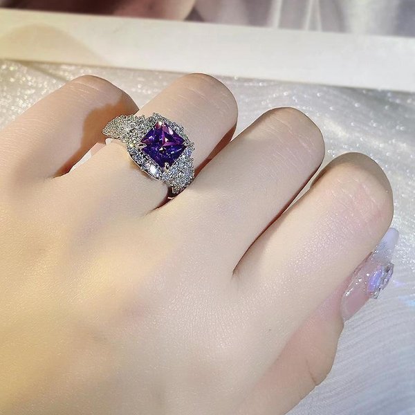 Delicado Anillo De Color Cobre Rectangular ZircóN PúRpura Anillo Abierto Para El Dedo Accesorios De JoyeríA Para Boda Para Mujeres Resizable-image