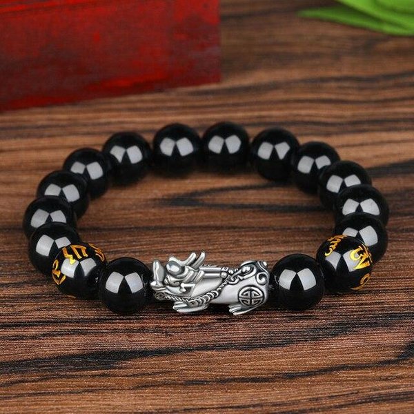 Pulsera De Piedra Obsidiana Negra Budismo Feng Shui Seis Palabras Pulsera De Cuentas Pixiu Brazalete Amuleto De La Suerte JoyeríA-image