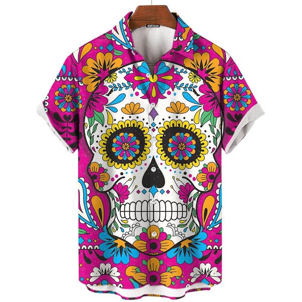 Camiseta DíA De Muertos Calavera Camisetas Hombre Cara De Calavera Estampado 3D Manga Corta Retro Holgada Oversize Ropa Hombre Ropa De Festival L-image