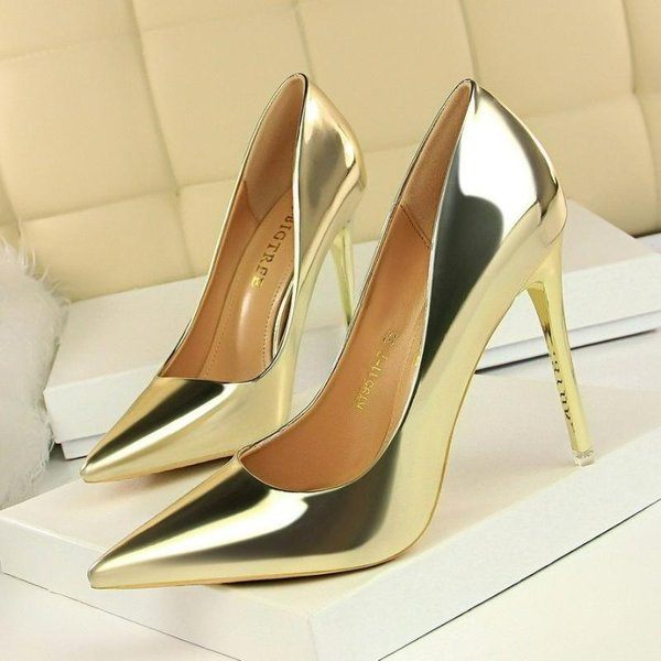 Damskie Szpilki Lakierowane Wysokie Obcasy Modne Damskie Buty ŚLubne Srebrne ZłOte BłYszcząCe Buty Szpilki 7.5Cm 10.5Cm Damskie Buty 34 Beige-image