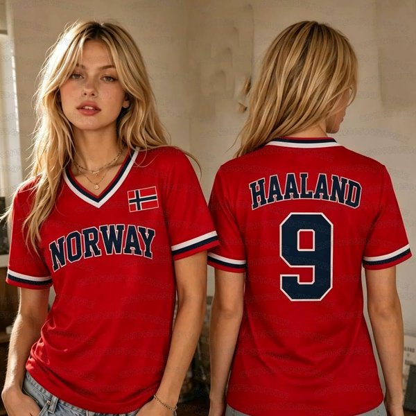 Verano 2026 Nueva Camiseta De FúTbol Para Mujer Y Hombre Bandera De Noruega N.º 9 Haaland Estampado Camiseta De Manga Corta XXL-image