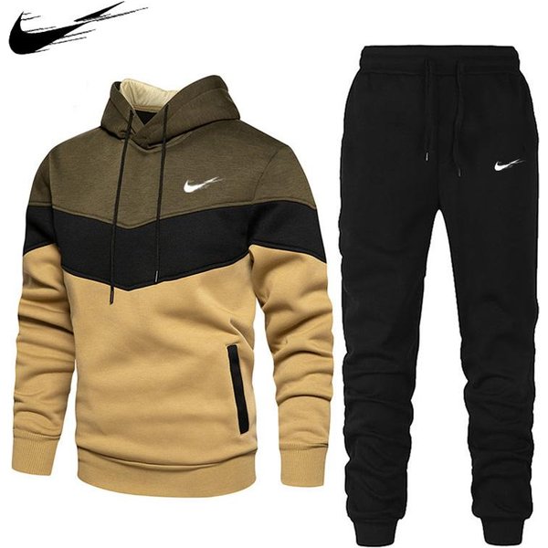 Czerwony Jesień Zima Nowy Styl Zestaw DwuczęśCiowy Bluza Z Kapturem + Spodnie MęSki Dres Dresy Casual Streetwear MęSkie Stroje Garnitur Sportowy Zestaw Dresowy L Kolor Zielono-Szary Wojskowy-image