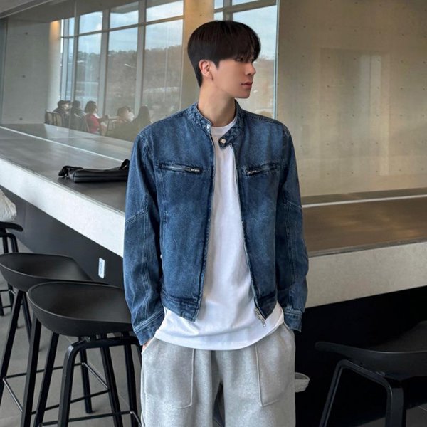 Designerska KróTka Kurtka DżInsowa MęSka Jesienna LuźNa Kurtka Ze StóJką Styl KoreańSki Modny Postarzany Top 2XL Niebieski-image