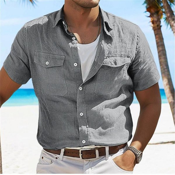 Letnie Koszule Casual MęSkie Moda KróTki RęKaw Zapinana Na Guziki Koszula Dla MężCzyzn Codzienne GłAdkie Topy XL Szary-image
