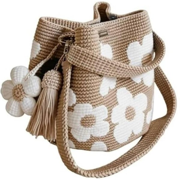 RęCznie Robiona SzydełKowa Torba Na Zakupy W Kwiaty Dzianinowa SzydełKowa Torebka W Kwiaty Torebka Crossbody SzydełKowa Dla Kobiet Boho PlażOwa SzydełKowa Torebka Torba Na Ramię Beige-image