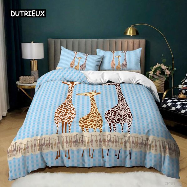Juego De Funda NóRdica De Jirafa TamañO Completo Estampado De Animales PoliéSter Cubre EdredóN Para NiñOs Adolescentes NiñOs NiñAs Ropa De Cama US Full(200X230Cm)-image