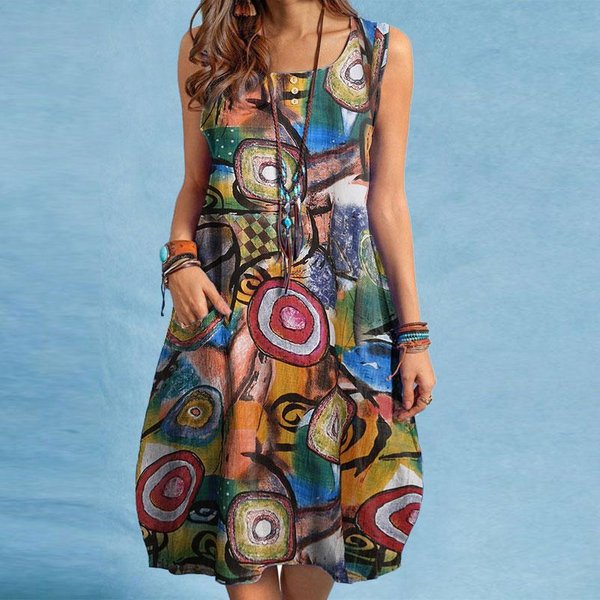 Zanzea Vestido Sin Mangas Con Cuello Redondo Para Mujer, Vestido Corto Informal Con Estampado Retro De Verano XL Verde-image
